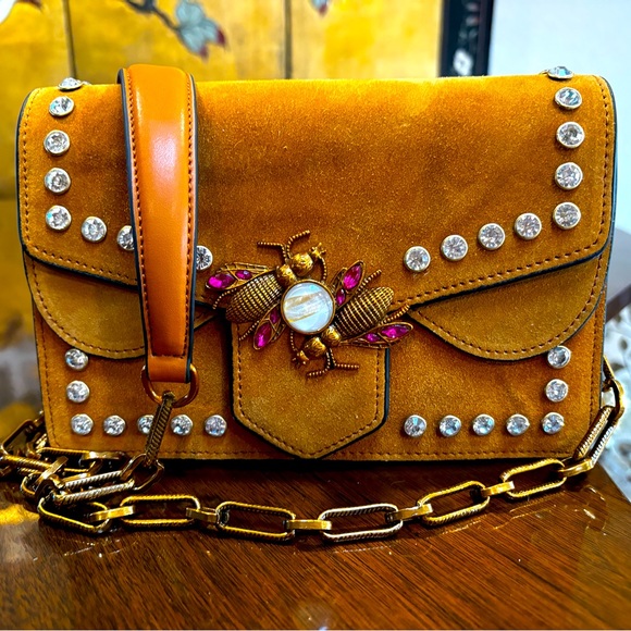 *SOLD** Yellow Suede Bag with Pink Crystal bug Embellishment - Picture 1 of 12
